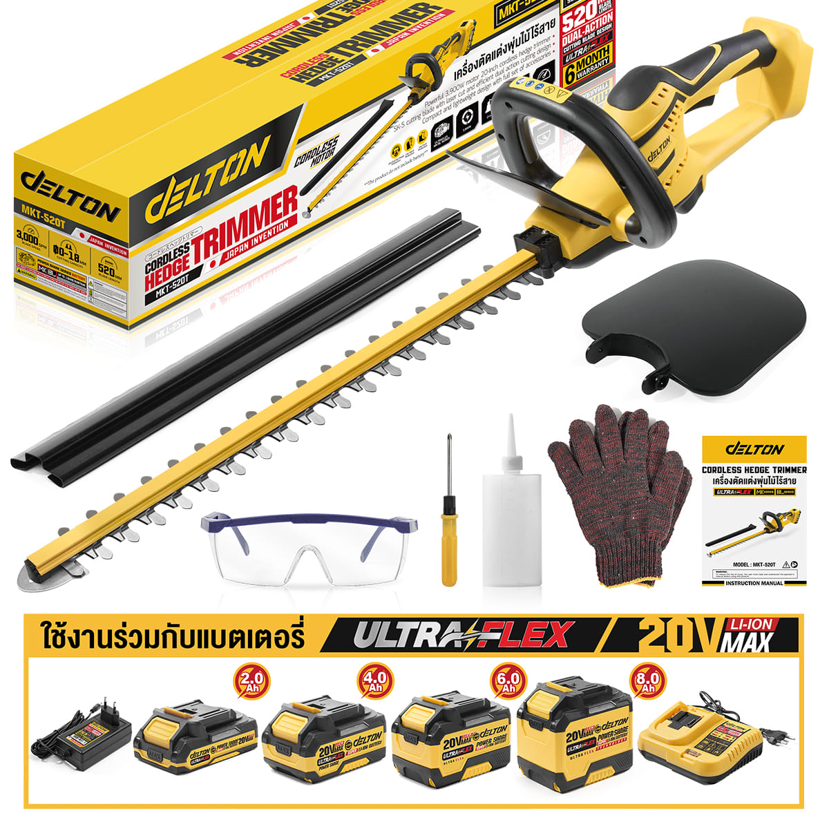 เครื่องตัดแต่งพุ่มไม้ไร้สาย (พร้อมแบตเตอรี่) DELTON รุ่น MKT-520T ULTRAFLEX 20V 2AH_7